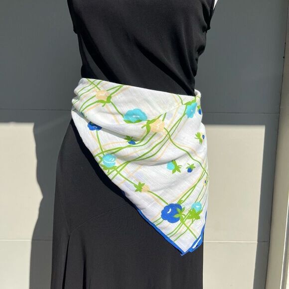 Vintage Blue & Green Floral Grid Print Scarf 25"x25" Square Lightweight - Picture 7 of 7